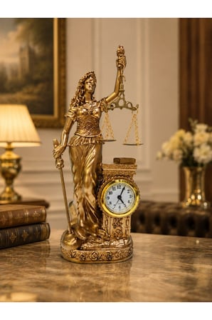 Hukuk Bürosu MasaÜstü Lüks Polyester Themis Terazili Adalet Tanrıçası Heykeli Saatli Biblo Gold 25CM
