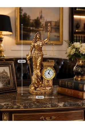 Hukuk Bürosu MasaÜstü Lüks Polyester Themis Terazili Adalet Tanrıçası Heykeli Saatli Biblo Gold 25CM