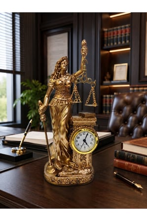 Hukuk Bürosu MasaÜstü Lüks Polyester Themis Terazili Adalet Tanrıçası Heykeli Saatli Biblo Gold 25CM