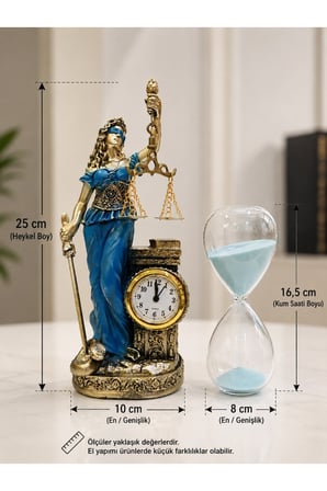 Lüks Polyester Themis Terazili Adalet Tanrıçası Heykeli Saat ve Mavi Kum Saati Hukuk Bürosu Hediyesi