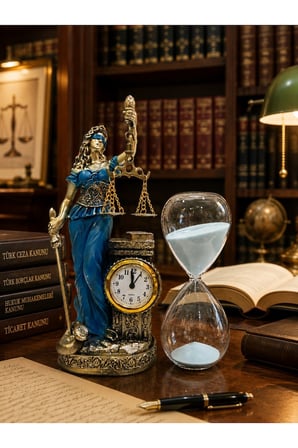 Lüks Polyester Themis Terazili Adalet Tanrıçası Heykeli Saat ve Mavi Kum Saati Hukuk Bürosu Hediyesi