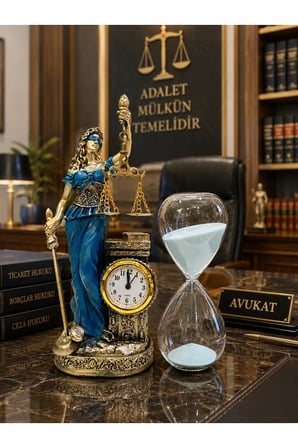 Lüks Polyester Themis Terazili Adalet Tanrıçası Heykeli Saat ve Mavi Kum Saati Hukuk Bürosu Hediyesi