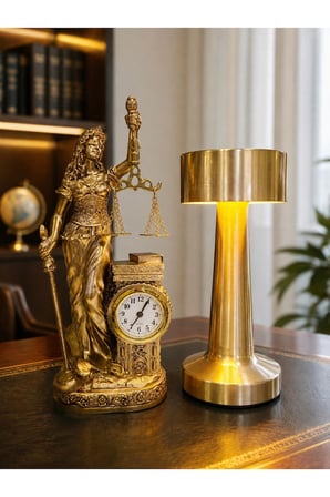Terazili Adalet Tanrıçası Heykeli Saatli Polyester Biblo & 3 Mod Dokunmatik Şarjlı Gold Masa Lambası