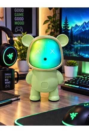 Bluetooth USB Hoparlör Kablosuz Renk Değiştiren Işıklı Animasyon Ayıcık Robot Gece Masa Lambası YEŞL