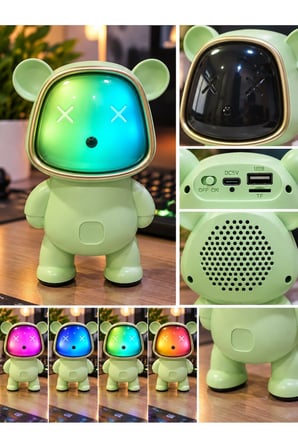 Bluetooth USB Hoparlör Kablosuz Renk Değiştiren Işıklı Animasyon Ayıcık Robot Gece Masa Lambası YEŞL