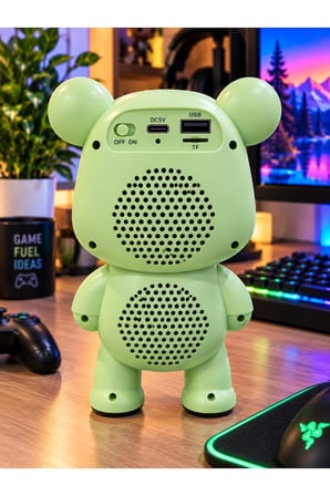 Bluetooth USB Hoparlör Kablosuz Renk Değiştiren Işıklı Animasyon Ayıcık Robot Gece Masa Lambası YEŞL