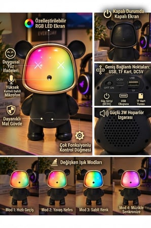 Bluetooth USB Hoparlör Kablosuz Renk Değiştiren Işıklı Animasyon Ayıcık Robot Gece Masa Lambası SİYH