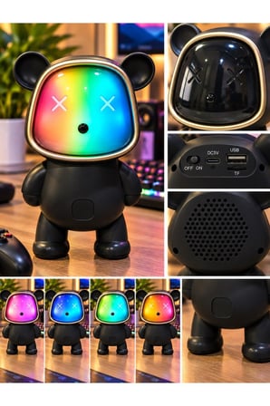 Bluetooth USB Hoparlör Kablosuz Renk Değiştiren Işıklı Animasyon Ayıcık Robot Gece Masa Lambası SİYH