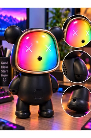 Bluetooth USB Hoparlör Kablosuz Renk Değiştiren Işıklı Animasyon Ayıcık Robot Gece Masa Lambası SİYH