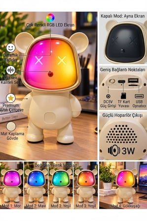 Bluetooth USB Hoparlör Kablosuz Renk Değiştiren Işıklı Animasyon Ayıcık Robot Gece Masa Lambası KREM