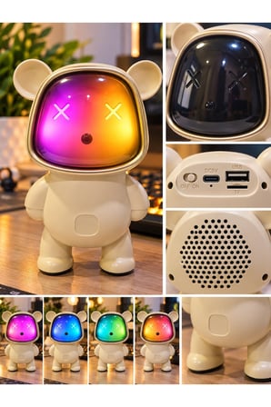 Bluetooth USB Hoparlör Kablosuz Renk Değiştiren Işıklı Animasyon Ayıcık Robot Gece Masa Lambası KREM