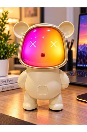 Bluetooth USB Hoparlör Kablosuz Renk Değiştiren Işıklı Animasyon Ayıcık Robot Gece Masa Lambası KREM
