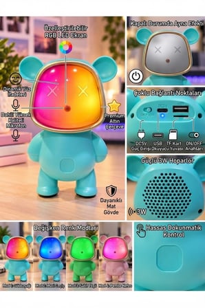 Bluetooth USB Hoparlör Kablosuz Renk Değiştiren Işıklı Animasyon Ayıcık Robot Gece Masa Lambası MAVİ