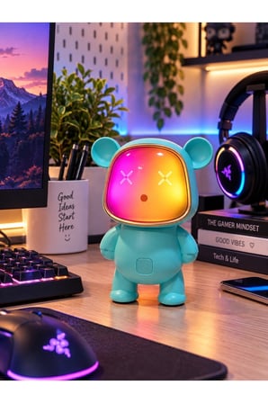 Bluetooth USB Hoparlör Kablosuz Renk Değiştiren Işıklı Animasyon Ayıcık Robot Gece Masa Lambası MAVİ