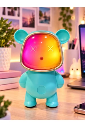 Bluetooth USB Hoparlör Kablosuz Renk Değiştiren Işıklı Animasyon Ayıcık Robot Gece Masa Lambası MAVİ