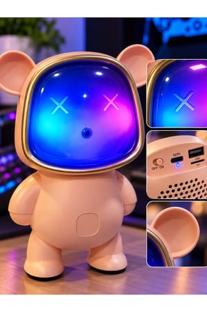Bluetooth USB Hoparlör Kablosuz Renk Değiştiren Işıklı Animasyon Ayıcık Robot Gece Masa Lambası PMBE