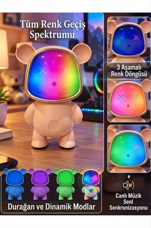 Bluetooth USB Hoparlör Kablosuz Renk Değiştiren Işıklı Animasyon Ayıcık Robot Gece Masa Lambası PMBE
