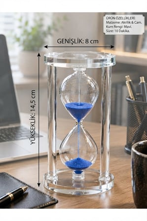 Modern Ofis Masa Üstü Biblosu Cam Kum Saati 10 Dakikalık Zamanlı Mavi Kum Dekoratif Hediye 14.5x8 CM