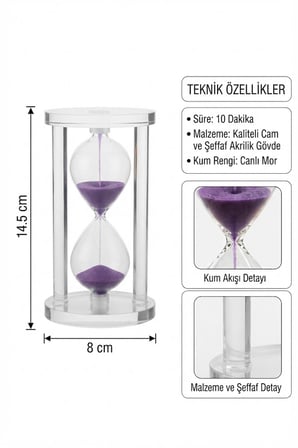 Modern Ofis Masa Üstü Biblosu Cam Kum Saati 10 Dakikalık Zamanlı Mor Kum Dekoratif Hediye 14.5x8 CM