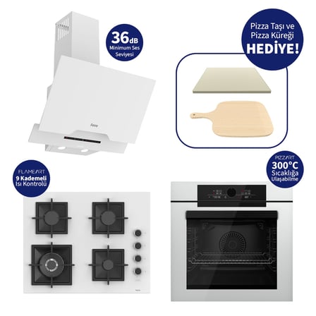 FERRE BEYAZ PIZZART 3'lü Ankastre Set – 65 Cm Woklu Ocak, Pizza Taşı & Küreği Hediye