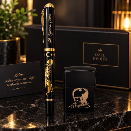 Kişiye Özel Atatürk Temalı Siyah-Gold Kalem Seti– İsim Baskılı Şık Hediye Seti