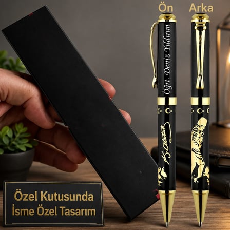 Kişiye Özel Atatürk Temalı Siyah-Gold Kalem Seti– İsim Baskılı Şık Hediye Seti
