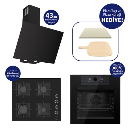 Ferre Pizzart & Fryart Siyah  Ankastre Set QEP65CS+SC205-FA+D077-SA - Döküm Izgara