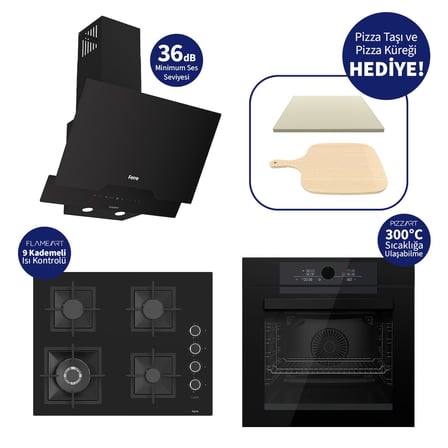 FERRE SİYAH PIZZART 3'lü Ankastre Set – 65 Cm Woklu Ocak, Pizza Taşı & Küreği Hediye