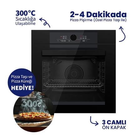FERRE SİYAH PIZZART 3'lü Ankastre Set – 65 Cm Woklu Ocak, Pizza Taşı & Küreği Hediye