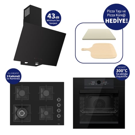 Ferre Pizzart & Fryart Siyah  Ankastre Set QEP65CS+SC405-WFA+D077-SA - 65 Cm Ocak
