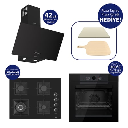 Ferre Pizzart & Fryart Siyah  Ankastre Set QEP65CS+SC405-WFA+D086-SA - 65 Cm Ocak