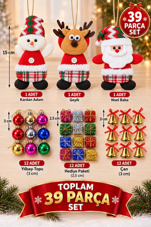 Yeni Yıla Özel 39 Parça Yılbaşı Ağacı Süs Seti Noel Peluşları ve Yılbaşı Aksesuarları Süsleme Seti