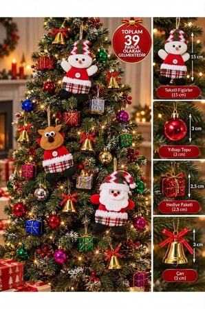 Yeni Yıla Özel 39 Parça Yılbaşı Ağacı Süs Seti Noel Peluşları ve Yılbaşı Aksesuarları Süsleme Seti