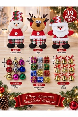 Yeni Yıla Özel 39 Parça Yılbaşı Ağacı Süs Seti Noel Peluşları ve Yılbaşı Aksesuarları Süsleme Seti