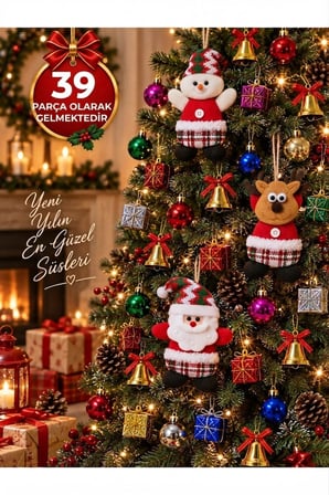 Yeni Yıla Özel 39 Parça Yılbaşı Ağacı Süs Seti Noel Peluşları ve Yılbaşı Aksesuarları Süsleme Seti