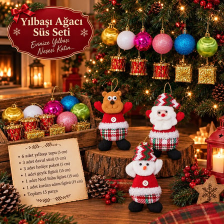 Yeni Yıla Özel 15 Parça Yılbaşı Ağacı Süs Seti 3'LÜ Noel Peluş ve Yılbaşı Aksesuarları Süsleme Seti