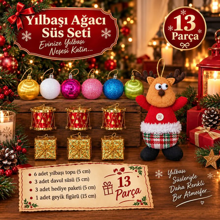 Yeni Yıla Özel 13 Parça Yılbaşı Ağacı Süsü Geyik Figürlü Noel Peluş ve Yılbaşı Aksesuar Süsleme Seti