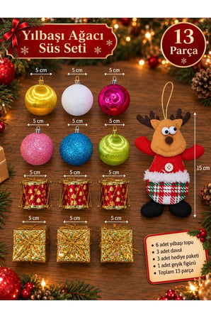 Yeni Yıla Özel 13 Parça Yılbaşı Ağacı Süsü Geyik Figürlü Noel Peluş ve Yılbaşı Aksesuar Süsleme Seti