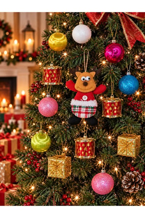 Yeni Yıla Özel 13 Parça Yılbaşı Ağacı Süsü Geyik Figürlü Noel Peluş ve Yılbaşı Aksesuar Süsleme Seti