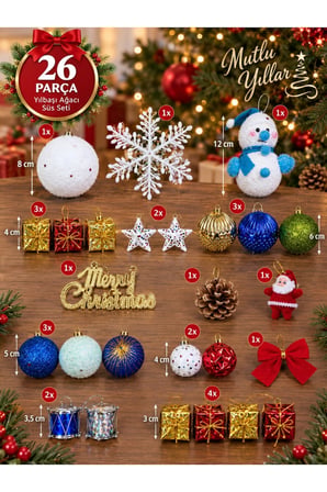Yeni Yıla Özel 26 Parça Yılbaşı Ağacı Süs Seti Noel Dekoru Karışık Yılbaşı Aksesuarları Süsleme Seti
