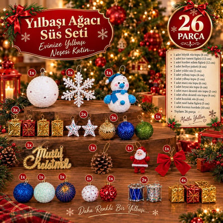 Yeni Yıla Özel 26 Parça Yılbaşı Ağacı Süs Seti Noel Dekoru Karışık Yılbaşı Aksesuarları Süsleme Seti
