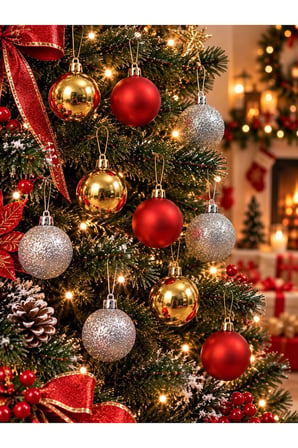 Yeni Yıla Özel 12 Parça Yılbaşı Çam Ağacı Süs Topları Sarı Kırmızı ve Gümüş Renkli Noel Süs Topları