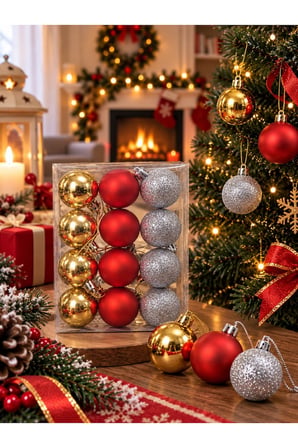 Yeni Yıla Özel 12 Parça Yılbaşı Çam Ağacı Süs Topları Sarı Kırmızı ve Gümüş Renkli Noel Süs Topları