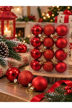 Yeni Yıla Özel 12 Parça Yılbaşı Çam Ağacı Topları Kırmızı Renkli Noel Ağacı Süs Topları 4 CM
