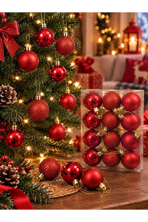 Yeni Yıla Özel 12 Parça Yılbaşı Çam Ağacı Topları Kırmızı Renkli Noel Ağacı Süs Topları 4 CM