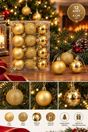 Yeni Yıla Özel 12 Parça Yılbaşı Çam Ağacı Topları Sarı Gold Renkli Noel Ağacı Süs Topları 4 CM