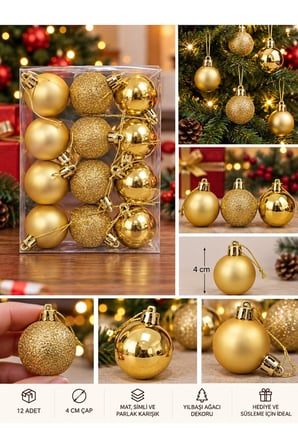 Yeni Yıla Özel 12 Parça Yılbaşı Çam Ağacı Topları Sarı Gold Renkli Noel Ağacı Süs Topları 4 CM