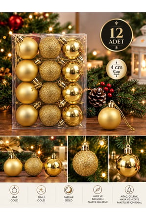 Yeni Yıla Özel 12 Parça Yılbaşı Çam Ağacı Topları Sarı Gold Renkli Noel Ağacı Süs Topları 4 CM