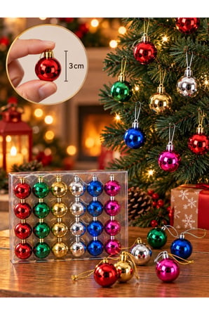 Yeni Yıla Özel 24 Parça Mini Yılbaşı Çam Ağacı Topları Karışık Renkli Noel Ağacı Süsü 24'lü Set 3 CM