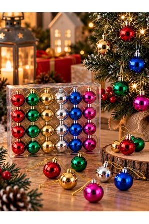 Yeni Yıla Özel 24 Parça Mini Yılbaşı Çam Ağacı Topları Karışık Renkli Noel Ağacı Süsü 24'lü Set 3 CM